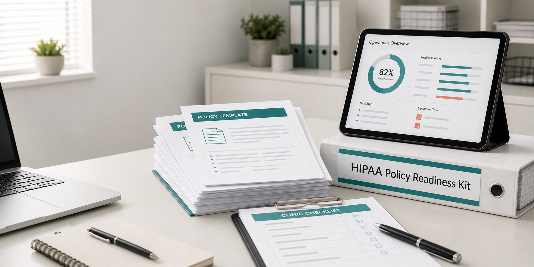 HIPAA policy readiness kit templates arranged on a clinic desk